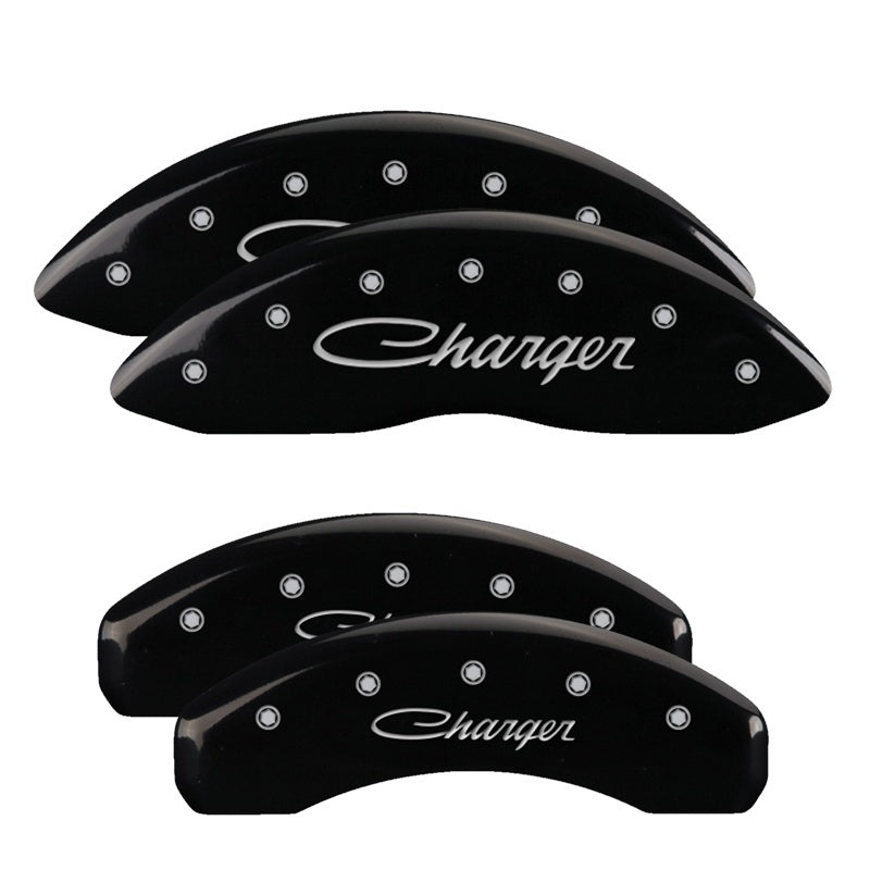 MGP 4 Caliper Covers Engraved Front & Rear Cursive/Charger Black finish silver ch MGP