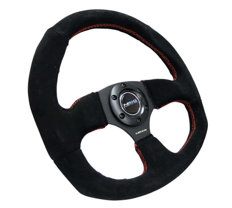 NRG Reinforced Steering Wheel (320mm Horizontal / 330mm Vertical) Suede w/Red Stitch.