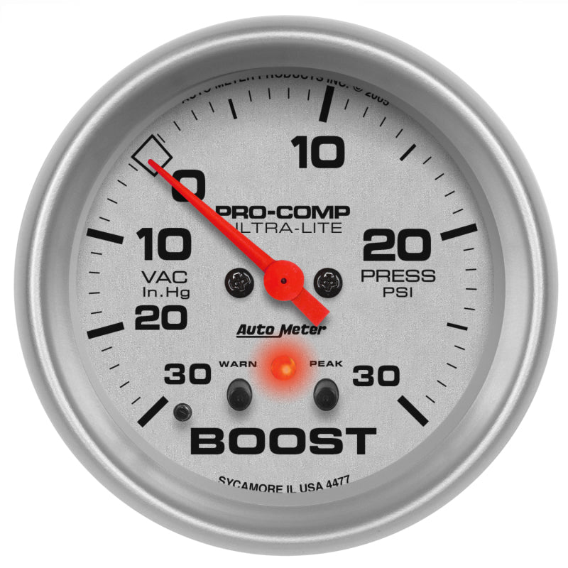 Autometer Ultra-Lite 66.7mm Full Sweep Elec 30 IN Hg/30 PSI Vacuum/Boost w/ Peak Memory & Warning 4477