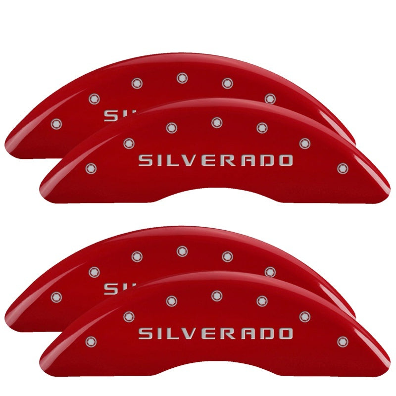 MGP 4 Caliper Covers Engraved Front & Rear Silverado Red finish silver ch MGP