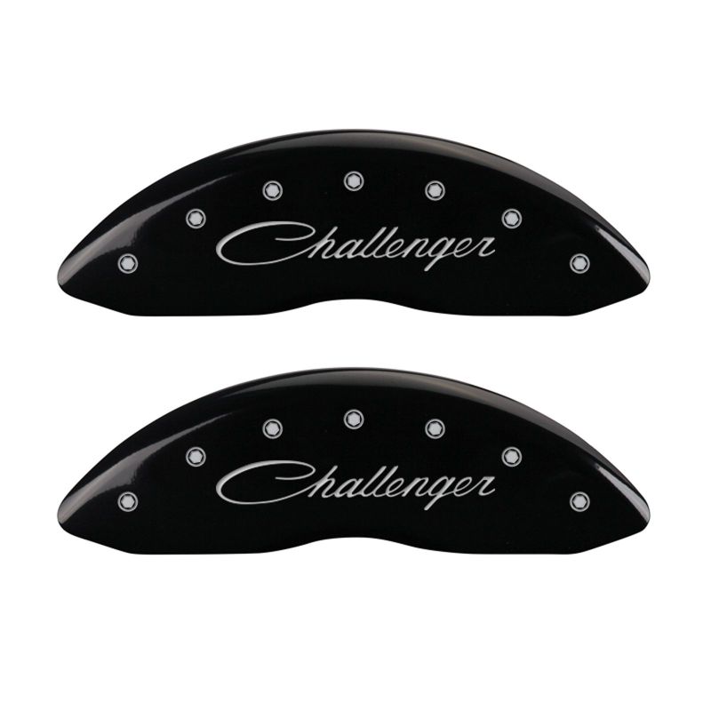 MGP 4 Caliper Covers Engraved Front Cursive/Challenger Engraved Rear RT Black finish silver ch MGP