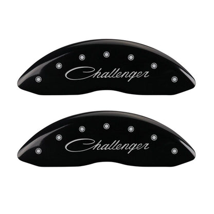 MGP 4 Caliper Covers Engraved Front Cursive/Challenger Engraved Rear RT Black finish silver ch MGP
