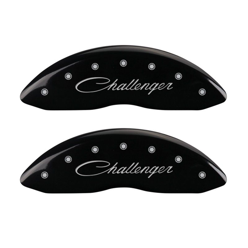 MGP 4 Caliper Covers Engraved Front Cursive/Challenger Engraved Rear RT Black finish silver ch MGP