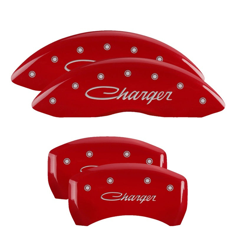 MGP 4 Caliper Covers Engraved Front & Rear Cursive/Challenger Red finish silver ch MGP