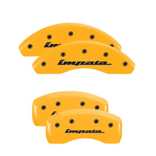 Load image into Gallery viewer, MGP 4 Caliper Covers Engraved Front &amp; Rear Impala Yellow finish black ch MGP