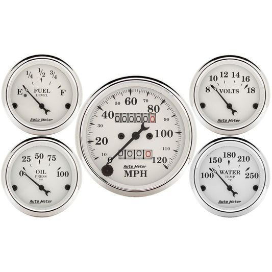 Auto Meter Speedometer 3-1/8in and 2-1/16in Mechanical 5-Piece Old Tyme White Gauge Kit 1601