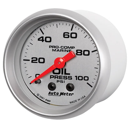 Autometer Marine Silver Oil Pressure 2 1/16in 100 psi Mechanical Gauge 200790-33