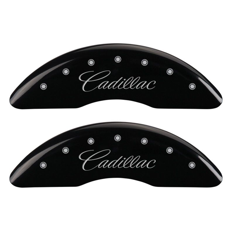 MGP 4 Caliper Covers Engraved Front & Rear Cursive/Cadillac Black finish silver ch MGP