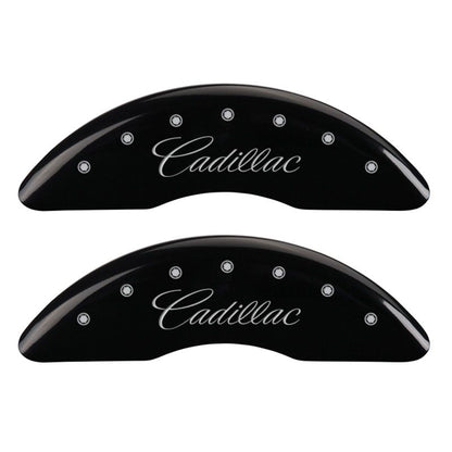 MGP 4 Caliper Covers Engraved Front Cursive/Cadillac Engraved Rear CTS Black finish silver ch MGP