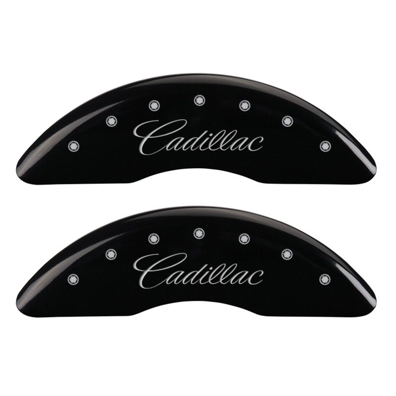 MGP 4 Caliper Covers Engraved Front Cursive/Cadillac Engraved Rear CTS Black finish silver ch