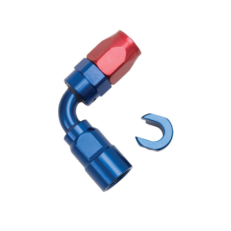 Russell Performance 5/16in SAE Quick Disc Female to -6 Hose Red/Blue 90 Degree Hose End