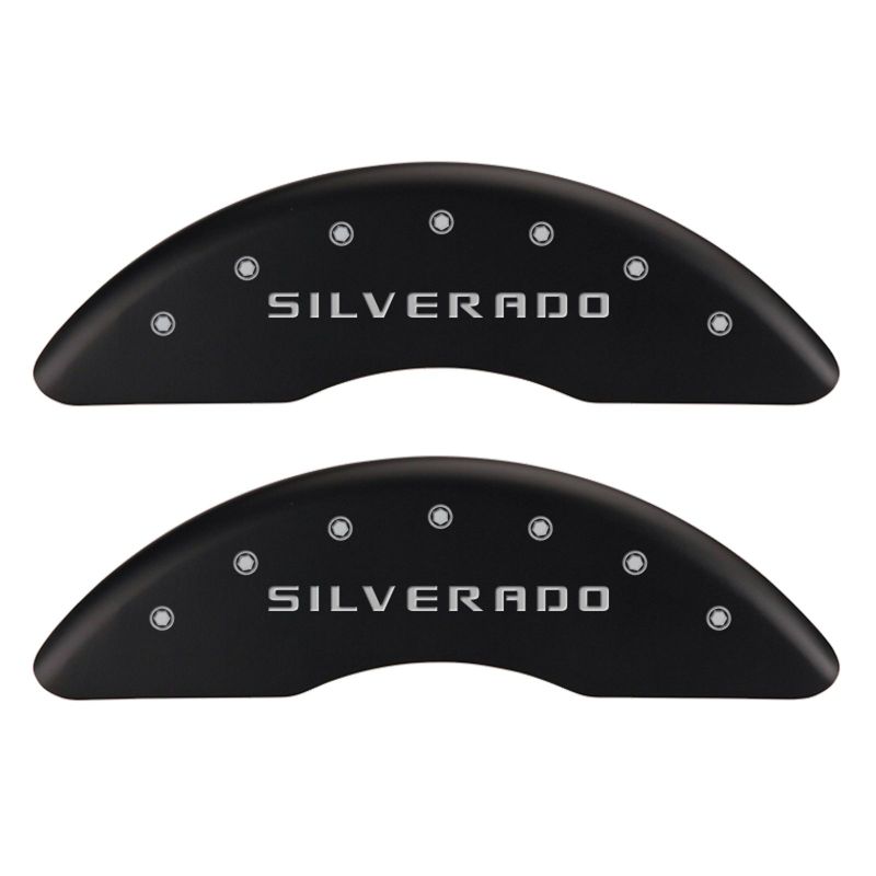 MGP 4 Caliper Covers Engraved Front & Rear Silverado Red finish silver ch MGP