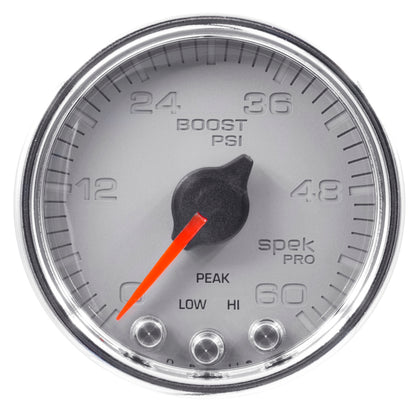 Autometer Spek-Pro Gauge Boost 2 1/16in 60psi Stepper Motor W/Peak & Warn Slvr/Chrm P30421