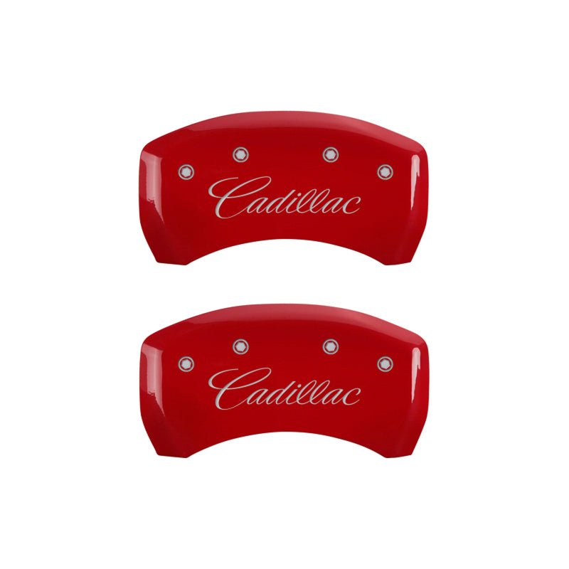 MGP 4 Caliper Covers Engraved Front & Rear Cursive/Cadillac Red Finish Silver Characters MGP