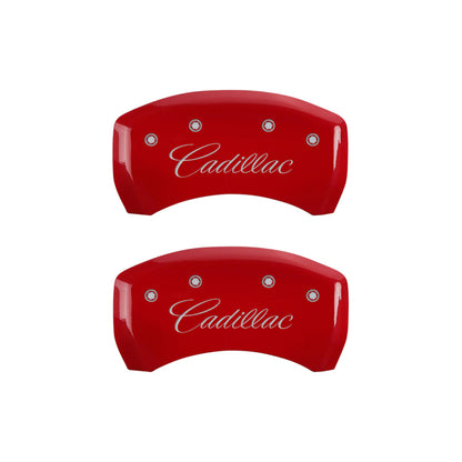 MGP 4 Caliper Covers Engraved Front & Rear Cursive/Cadillac Red Finish Silver Characters MGP