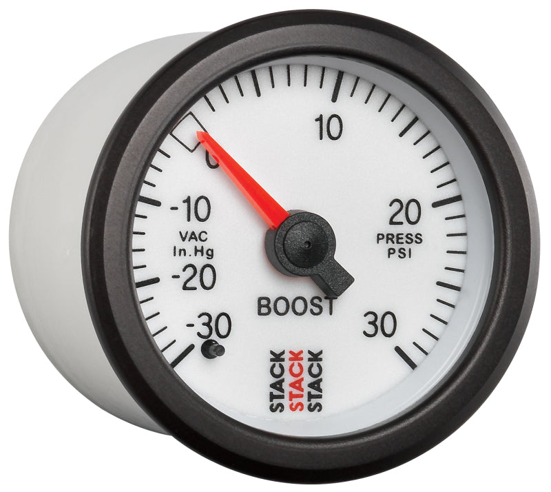 Autometer Stack 52mm -30INHG to +30 PSI (Incl T-Fitting) Mechanical Boost Pressure Gauge - White ST3162