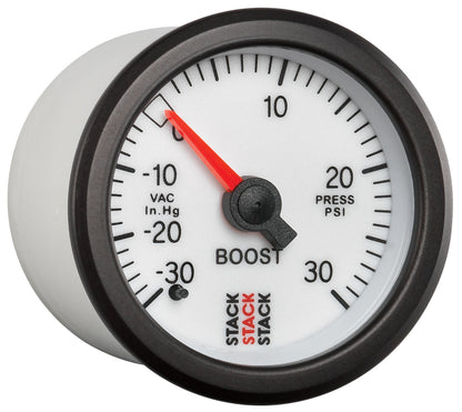 Autometer Stack 52mm -30INHG to +30 PSI (Incl T-Fitting) Mechanical Boost Pressure Gauge - White ST3162