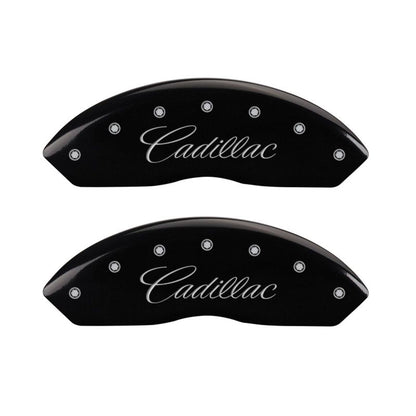 MGP 4 Caliper Covers Engraved F & R Cursive/Cadillac Black Finish Silver Char 2017 Cadillac XT5 MGP