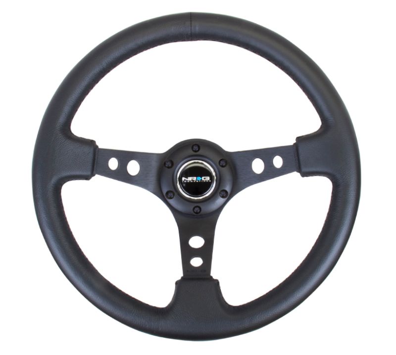 NRG Reinforced Sport Steering Wheel 350mm 3 Inch Deep Black Spoke Round holes Black Leather - eliteracefab.com