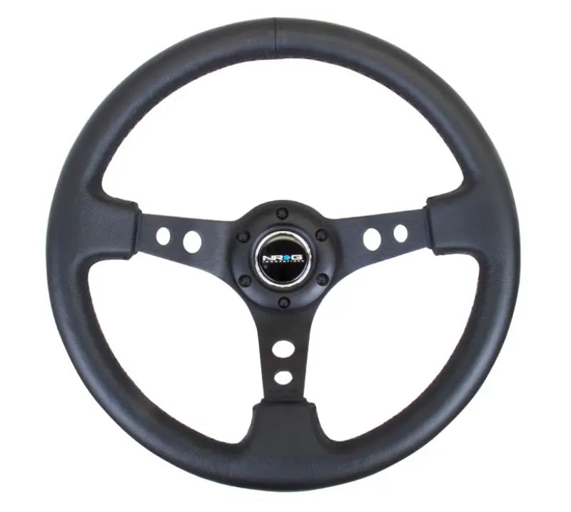 NRG Reinforced Sport Steering Wheel 350mm 3 Inch Deep Black Spoke Round holes Black Leather - eliteracefab.com