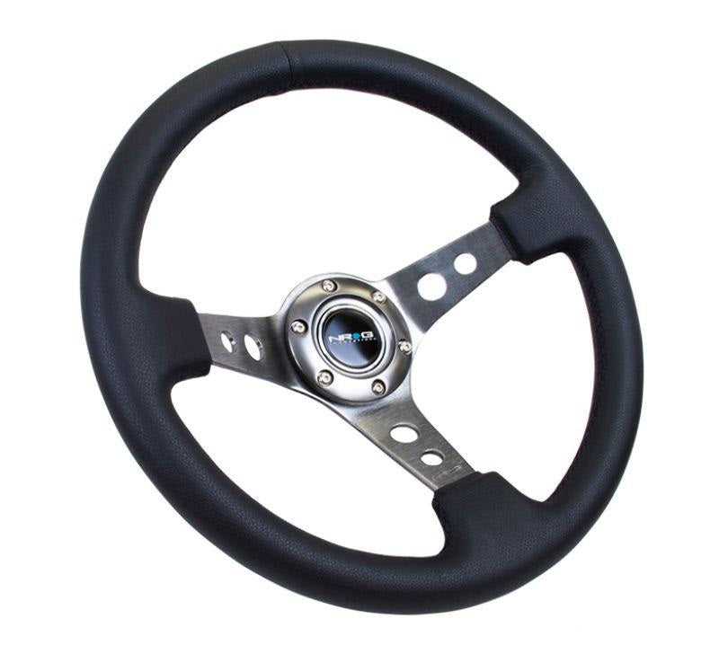 NRG Reinforced Sport Steering Wheel 350mm 3 Inch Deep Gun Metal Spoke Round holes Black Leather - eliteracefab.com