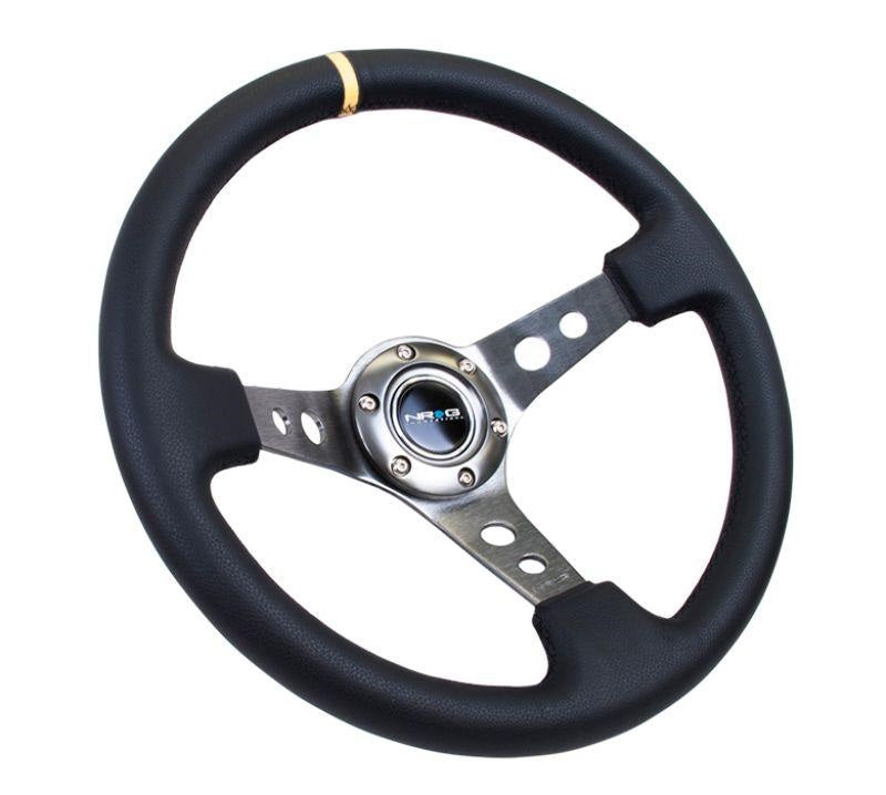 NRG Reinforced Sport Steering Wheel 350mm 3 Inch Deep Gun Metal Spoke Round holes Black Leather Yellow Center Mark - eliteracefab.com