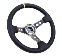 Load image into Gallery viewer, NRG Reinforced Sport Steering Wheel 350mm 3 Inch Deep Gun Metal Spoke Round holes Black Leather Yellow Center Mark - eliteracefab.com