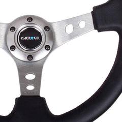 NRG Reinforced Sport Steering Wheel 350mm 3 Inch Deep Gun Metal Spoke Round holes Black Leather Yellow Center Mark - eliteracefab.com