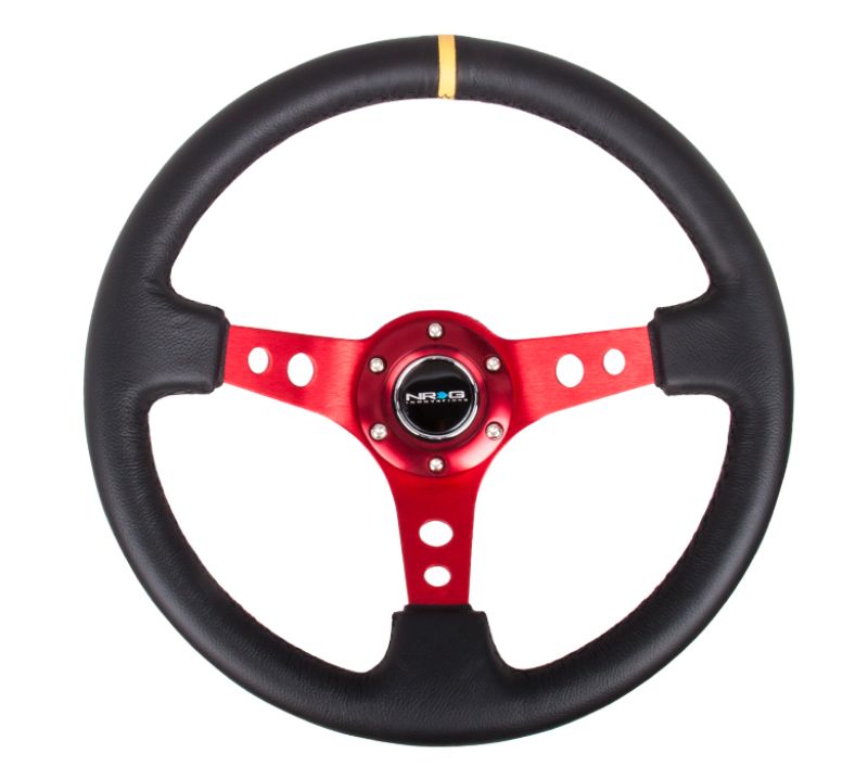 NRG Reinforced Sport Steering Wheel 350mm 3 Inch Deep Red Spoke Round holes Black Leather Yellow Center Mark - eliteracefab.com