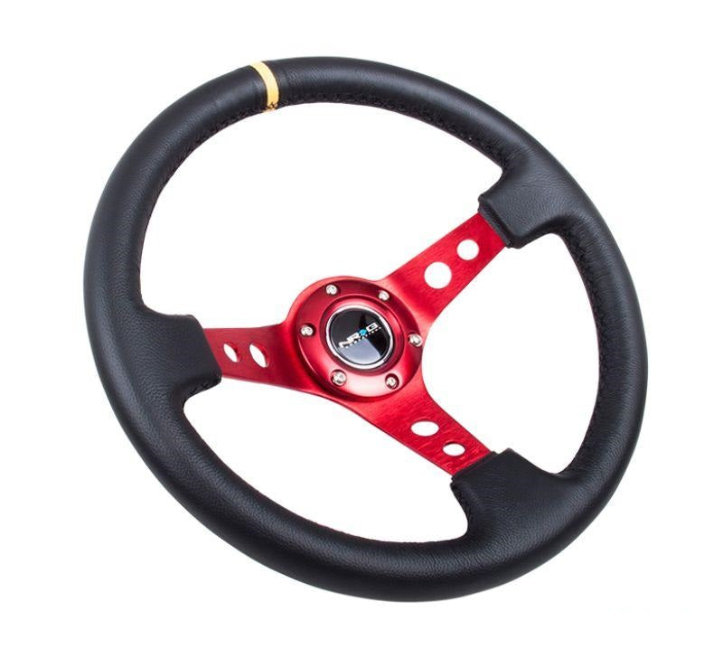 NRG Reinforced Sport Steering Wheel 350mm 3 Inch Deep Red Spoke Round holes Black Leather Yellow Center Mark - eliteracefab.com