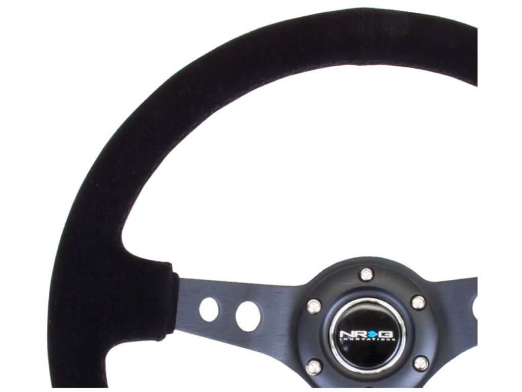 NRG Reinforced Sport Steering Wheel 350mm 3 Inch Deep Black Spoke Suede Black Stitch Black Center Mark - eliteracefab.com