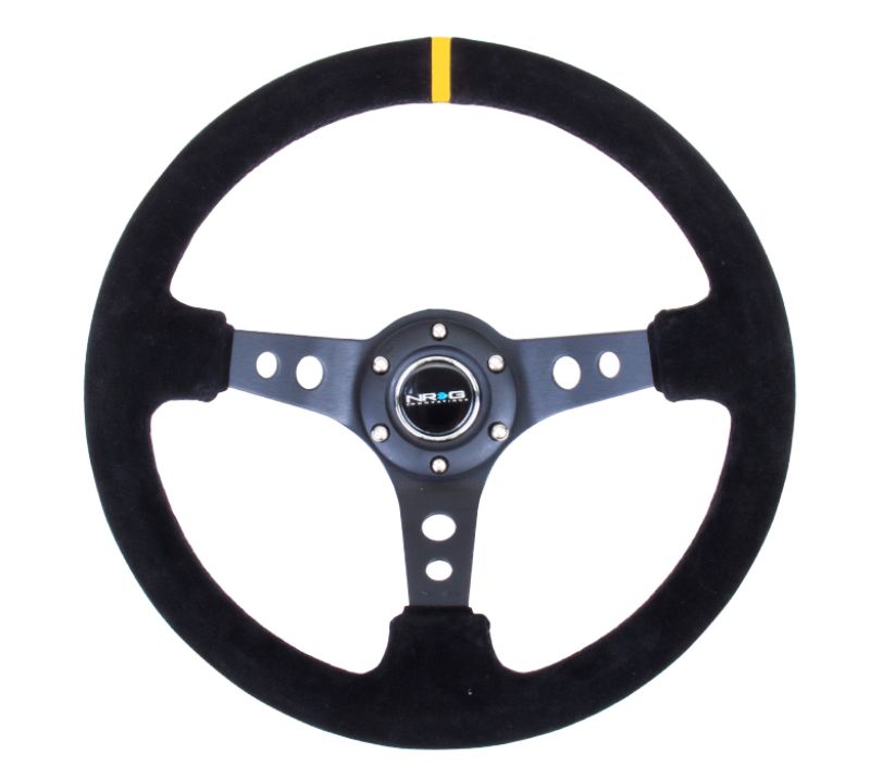 NRG Reinforced Sport Steering Wheel 350mm 3 Inch Deep Black Spoke Suede Black Stitch Yellow Center Mark - eliteracefab.com