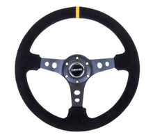 Load image into Gallery viewer, NRG Reinforced Sport Steering Wheel 350mm 3 Inch Deep Black Spoke Suede Black Stitch Yellow Center Mark - eliteracefab.com