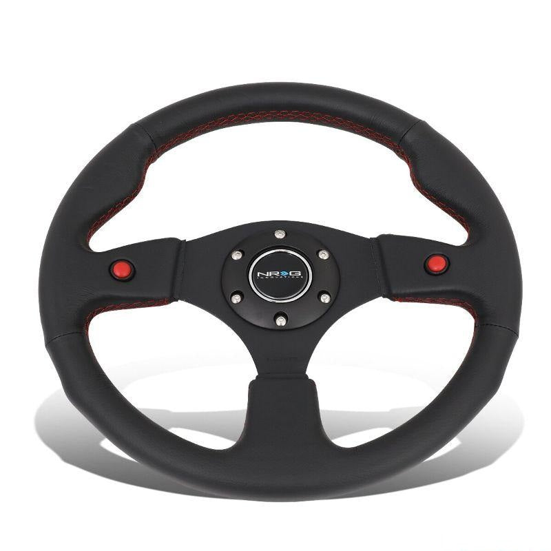 NRG Reinforced Sport Steering Wheel 320mm Dual Button Black Spoke Black Leather - eliteracefab.com