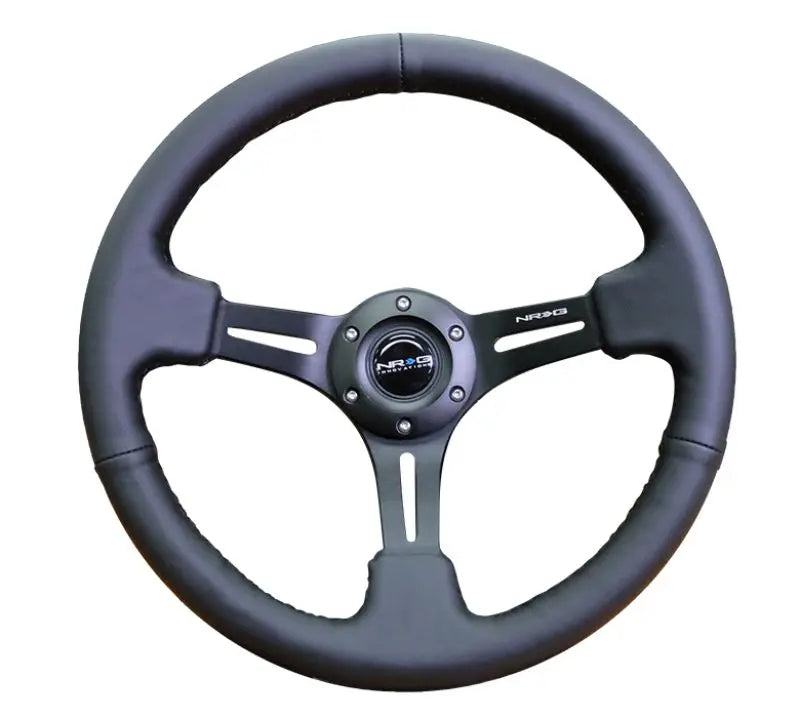 NRG Reinforced Sport Steering Wheel 350mm 3 Inch Deep Black Leather Black Stitching - eliteracefab.com