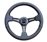 NRG Reinforced Sport Steering Wheel 350mm 3 Inch Deep Black Leather Black Stitching - RST-018R