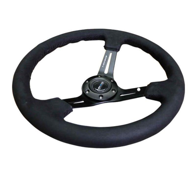 NRG Reinforced Sport Steering Wheel 350mm 3 Inch Deep Black Leather Alcantara Stitching - eliteracefab.com