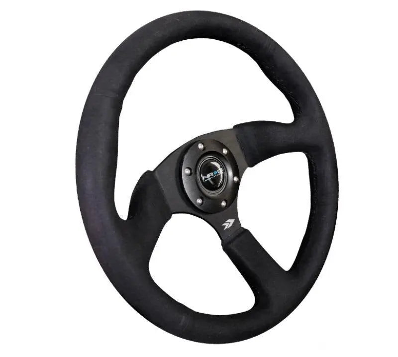 NRG Reinforced Steering Wheel 350mm Sport Leather Racing 2.5 Inch Deep Comfort Grip 4mm matte black spoke with Alcantara finish - eliteracefab.com