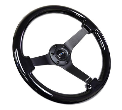 NRG Reinforced Steering Wheel 350mm Classic Black Wood Grain Wheel 3 Inch Deep 3-Spoke Center Black Chrome - eliteracefab.com