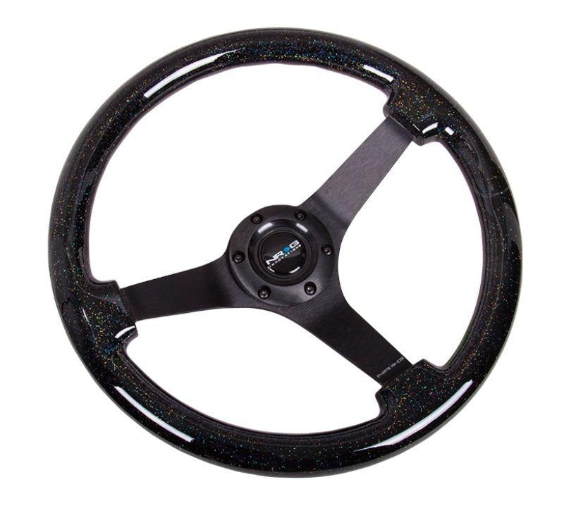 NRG Reinforced Steering Wheel 350mm Classic Black Sparkled Wood Grain Wheel 3 Inch Deep 4mm3-Spoke Center Black - eliteracefab.com