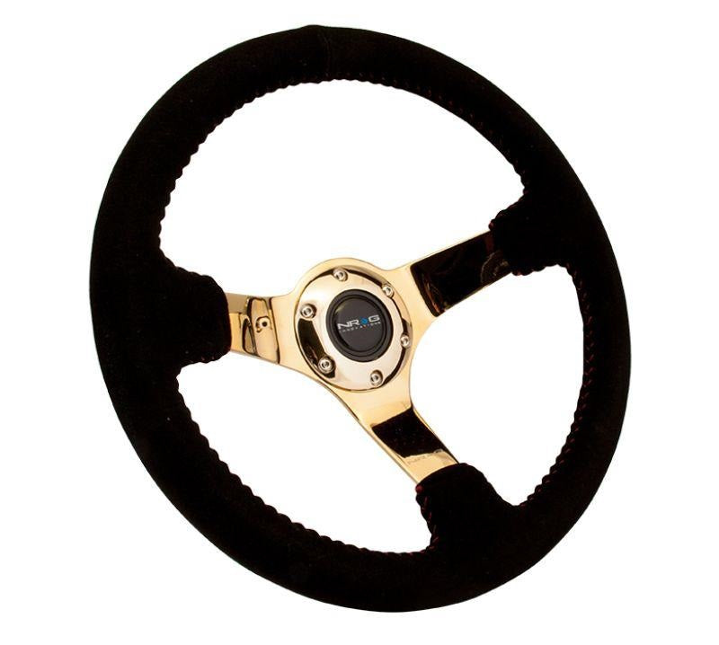 NRG Reinforced Sport Steering Wheel 350mm 3 Inch Deep black Suede with red Baseball Stitching Chrome Gold Spoke - eliteracefab.com