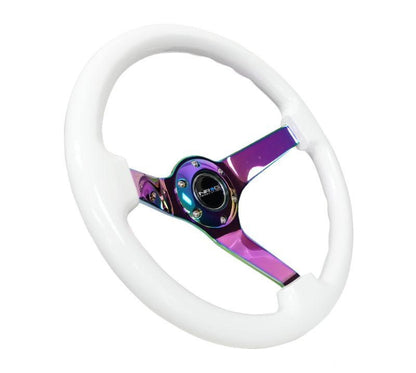 NRG Reinforced Steering Wheel 350mm Classic White Wood Grain Wheel 3 Inch Deep 4mm 3-Spoke Center Neochrome - eliteracefab.com