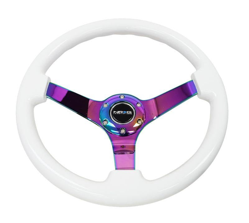 NRG Reinforced Steering Wheel 350mm Classic White Wood Grain Wheel 3 Inch Deep 4mm 3-Spoke Center Neochrome - eliteracefab.com