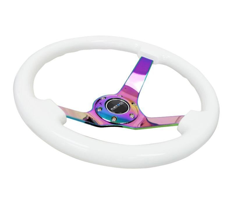 NRG Reinforced Steering Wheel 350mm Classic White Wood Grain Wheel 3 Inch Deep 4mm 3-Spoke Center Neochrome - eliteracefab.com