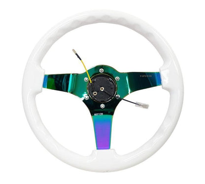 NRG Reinforced Steering Wheel 350mm Classic White Wood Grain Wheel 3 Inch Deep 4mm 3-Spoke Center Neochrome - eliteracefab.com