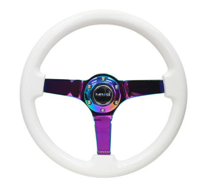 NRG Reinforced Steering Wheel 350mm Classic White Wood Grain Wheel 3 Inch Deep 4mm 3-Spoke Center Neochrome - eliteracefab.com