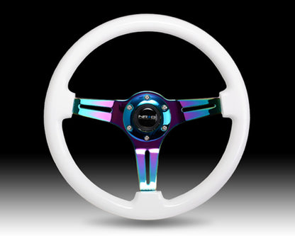 NRG Glow in the Dark Grip 3 Neochrome Spokes 350mm Classic Wood Grain Wheel Universal - eliteracefab.com