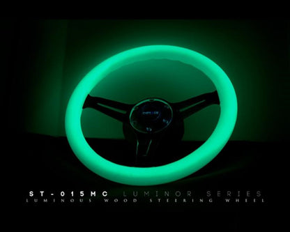 NRG Glow in the Dark Grip 3 Neochrome Spokes 350mm Classic Wood Grain Wheel Universal - eliteracefab.com