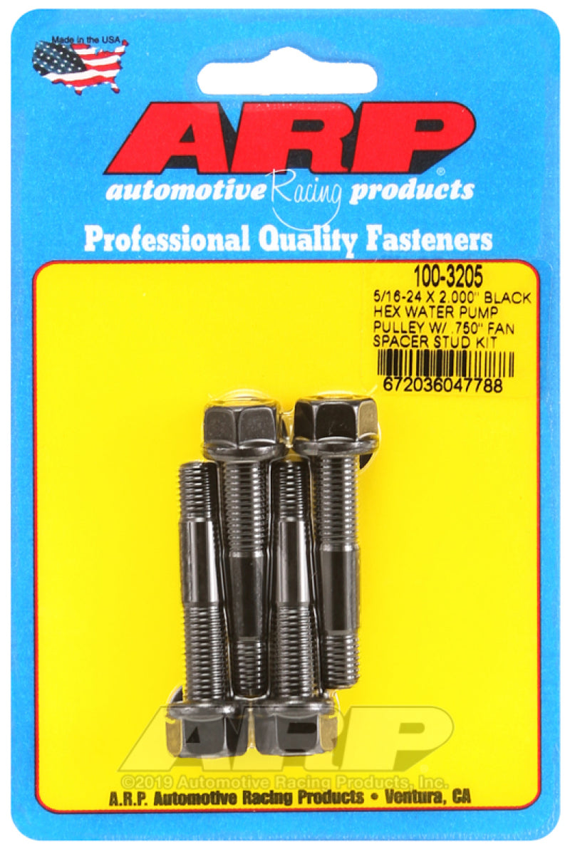 ARP 5/16-24 X 2.000 Black Hex Water Pump Pulley w/ .750in Fan Spacer Stud Kit ARP