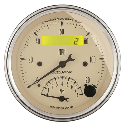 AutoMeter Gauge Tach/Speedo 3-3/8in. 120MPH & 8K RPM Elec. Program. Antq Beige 1881